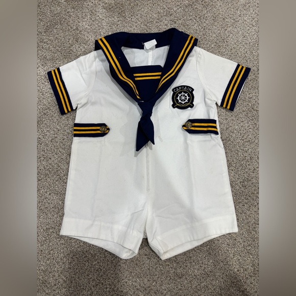Vintage Toddler Sailor Captain Navy Blue and White Nautical Size 2 Romper - Picture 1 of 8